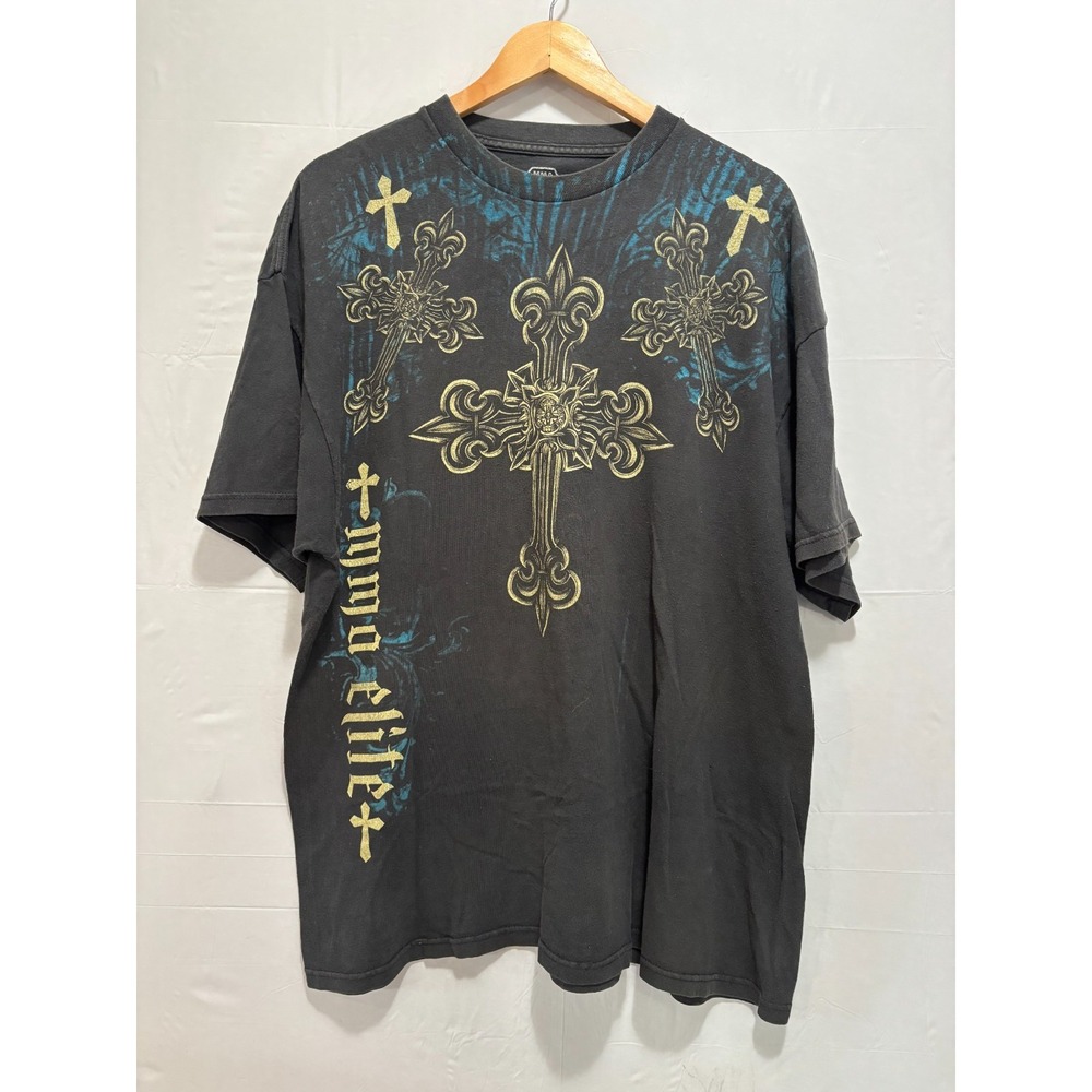 Fleur De Lis Cross Graphic T-Shirt Mens Black Gold Grunge 2XL Y2K MMA Elite